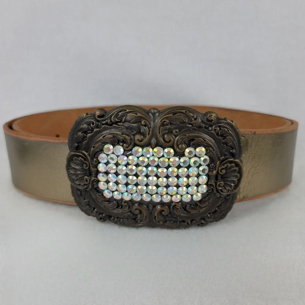 Fossil Womens Jeweled Plaque Bronze Metallic Leather Belt Small BT-2865711S